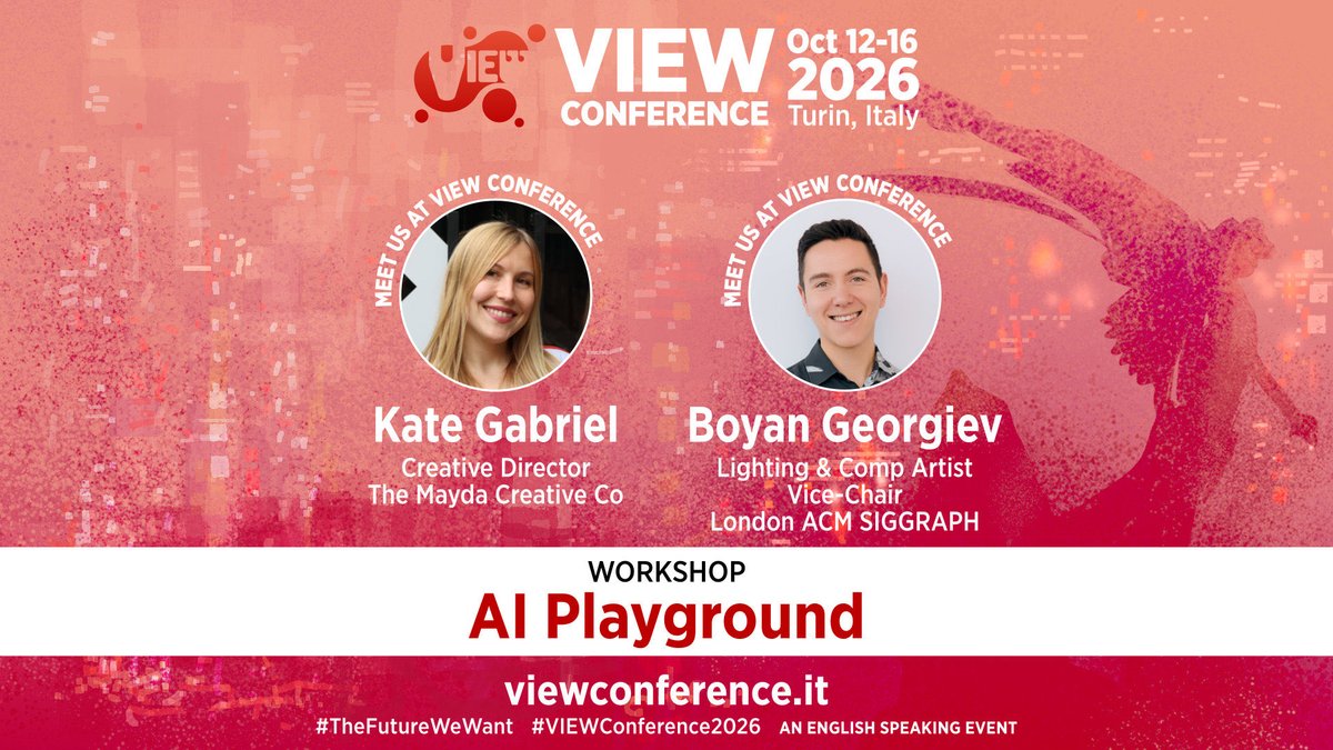 ViewConference's tweet photo. @ViewConference is thrilled to announce that @kate_gabriel_ &amp; #georgiev are delivering an unmissable workshop, titled “AI Playground,” at #viewconference2026

https://t.co/rMW7idchW3

#ai #vfx #animation #games #film #art #digitalart #storytelling #cgi #realtime #vr #generativeai https://t.co/twMxe5qaYm