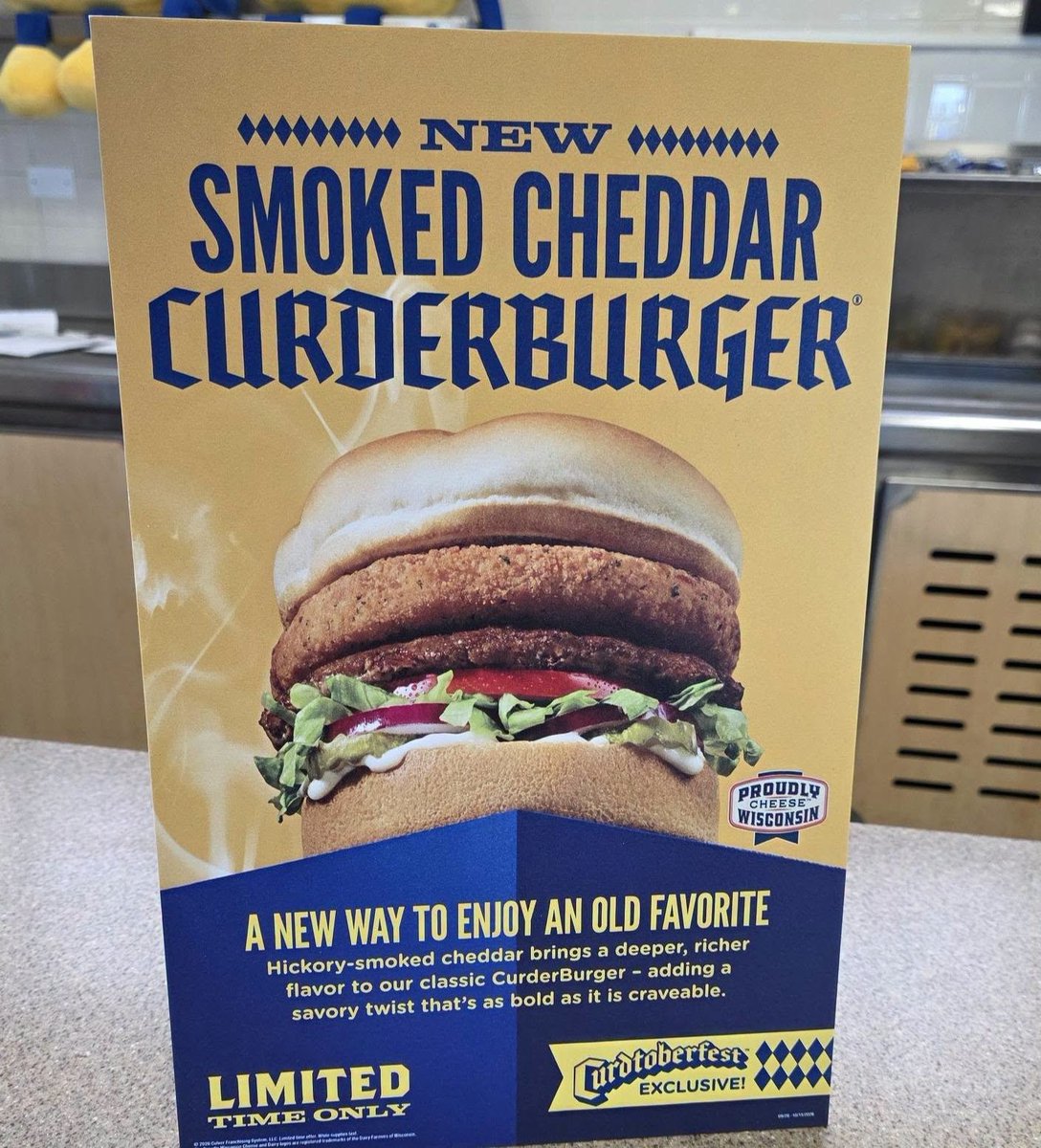 snackolator's tweet photo. Culver's brought the CURDERBURGER back with a new Smoked Cheddar Curd patty and this is soooo good you NEED to try it! 🔥🧀

I added a second Curd patty to go all-in and this is a work of art with melty, gooey cheese that's crispy and salty and works perfectly on the beef patty!

Are you trying this one from @culvers? It was $8.99 for the Curderburger and $4 for the additional patty.