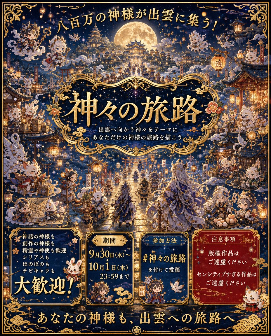 yui073367's tweet photo. #神々の旅路

明日から神無月。
全国の神々が出雲へ集う季節です。

あなたの描く神様は、
どんな旅路を辿るのでしょうか。

神話の神様も、
創作の神様も、
精霊や神使も歓迎です。

「出雲へ向かう神々」をテーマに作品を募集します。

開催期間：たった今から、10月1日（木）23:59まで
#神々の旅路 を付けてイラストを投稿！

この投稿の引用は任意ですが、
引用していただけると作品を見つけやすくなります。

船で出雲へ向かう海神。
鹿に乗る山の神。
星座を連れて歩く夜の神。
参道ですれ違う神々。
雲を渡る神使の行列。

神様そのものだけでなく、
出雲へ向かう道中の物語や風景も大歓迎です。