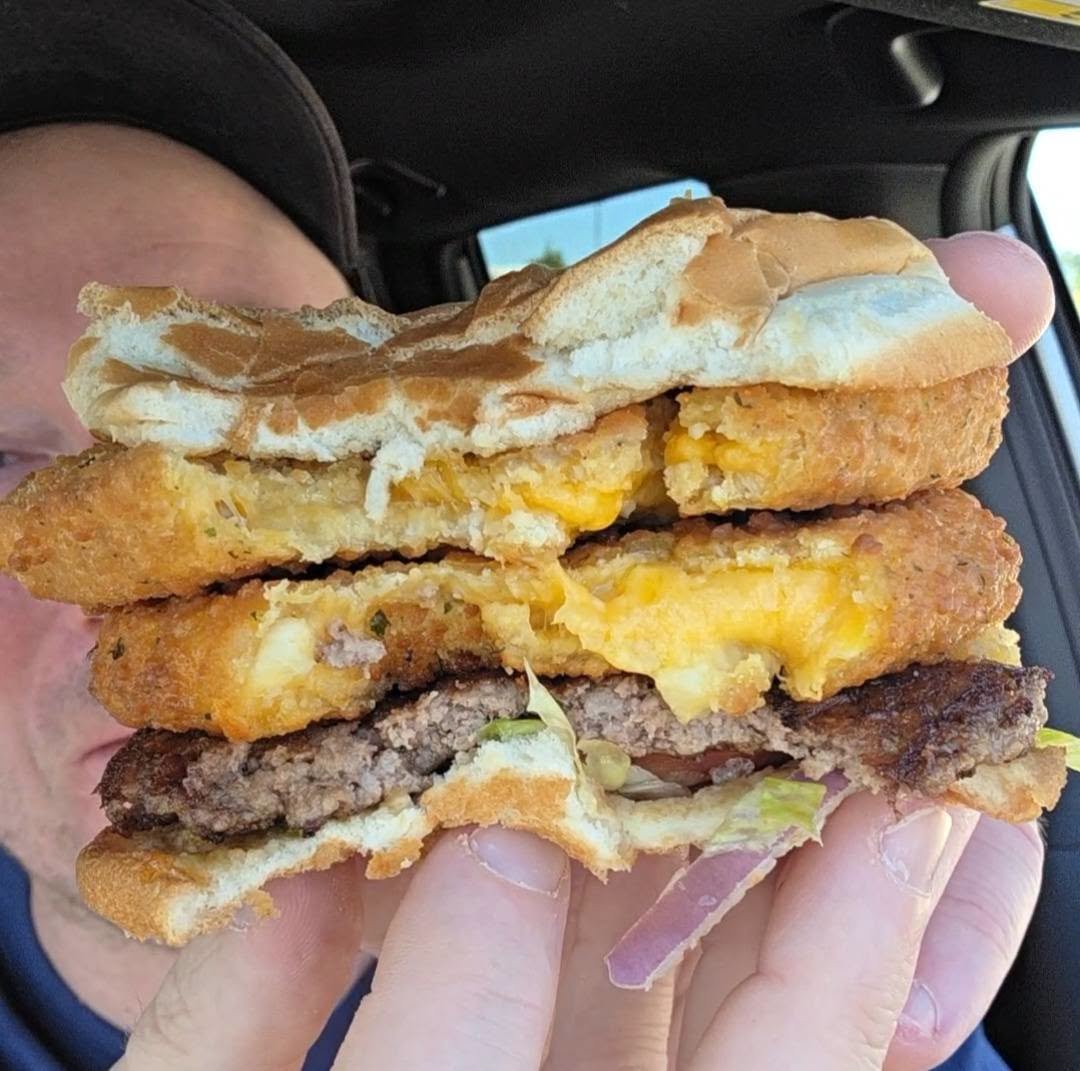 snackolator's tweet photo. Culver's brought the CURDERBURGER back with a new Smoked Cheddar Curd patty and this is soooo good you NEED to try it! 🔥🧀

I added a second Curd patty to go all-in and this is a work of art with melty, gooey cheese that's crispy and salty and works perfectly on the beef patty!

Are you trying this one from @culvers? It was $8.99 for the Curderburger and $4 for the additional patty.