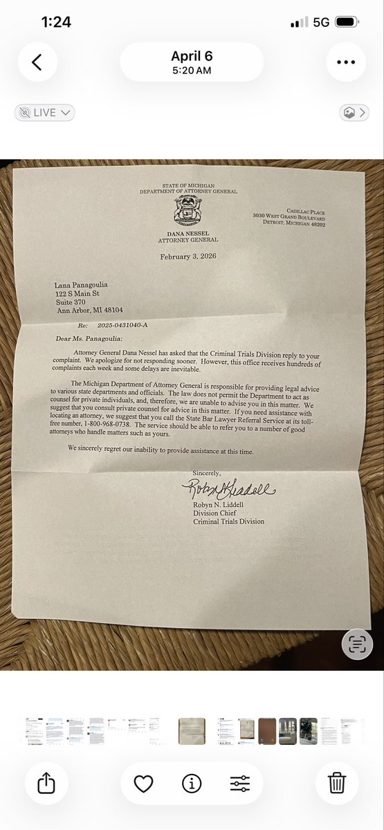 LAPanagoulia's tweet photo. I am adding the #GrievanceDismissal letter calling me “#Hon” as in “#HonLanaAPanagoulia” either because 1) I am equitably the Justice appointed for positions applied or 2) that is my title naturally from birth (I don’t need to get into that it doesn’t need to be explained).  

Also the #947 area code of the number appears to be mimicking that used by my clients in the #Ottawa matter I defend him in. Notice it sounds like Canada but it’s Ottawa County MICHIGAN! 

Finally, a “#Robyn “#N” “#Liddell” sent me a letter purporting to be from the “#Criminal” “#Trial” division of #MichiganAttorneyGeneral #DanaNessell ‘s office. It states I purportedly sent a “#Complaint” and  told me I needed to get a private Attorney. I have a problem with this letter for three reasons.

First: I never filed a complaint. At least not prior to the date of this letter with the Michigan Attorney General, Dana Nessel. Maybe in the future I will.

Second : the initial “N” is known in intelligent circles to be given by #Nazis to their children. This is in my opinion antisemitic abuse directed to me.

Third: in light of the circumstances surrounding my case, and given that I did not file a complaint and the trial division sent me a letter from the criminal division and did not give it to the civil division to analyze the issues or did it inform me that there was a conflict of interest, which I believe there is because the wife was not listed in the criminal complaint of Hillsdale County and therefore she was a planned informant that I impeached in the divorce I believe that the lawyer was required and had a duty to inform me of the conflict of interest. Therefore, I believe that the Michigan Attorney General was required to appoint me an attorney to prosecute. The attorney general responsible for working with an informant without doing due diligence of her, and finding out that she had fraud in her background.

(Do NOT feel obligated to read this ⬇️ below again I will try and copy and paste what I posted previously for context below )
  
{🚨SAME CONTENT AS ABOVE REPRODUCED FOR CONTEXT🚨}
Here is were I noticed Kristi @elonmusk and Sec Kennedy too! Just was curious if we were supposed to go to FACEBOOK to register our names for this since Suckerberg is your competitor and it takes you off the @X platform ... btw. When I typed X I got a text saying it was #Sara #Elsayed #Abdul's wife and I don't know if it's related to my best friend #MarlaLinderman going to the same #HighSchool as him and my receiving an alleged grievance signed by this #Sara on the same day #Marla last called me on #March21 which was also the date the #Court granted my #Adjournment extending my #5thAmendmentMotionToStay allowing me time to actually discover certain things about #Sara placing me in a difficult spot and going to that #Sara's #Clerk #Jody and being denied the proof (at first) of something the opposing party's lawyer made my case difficult to defend (#Sara said it at a 10/25/2021 hearing that I sat in the #Gallery as a citizen as) and none of the alleged victims were there only the #Parents (friends of the wife opposing party one of whom was subsequently hired by the law firm my dad was referred to

when my dad was sued by my uncle for an issue that was prosecuted by another lawfirm that rafarren ma mu namnuter forens Copy
Paste
Format > e
building where my tor ner grievance defense lawyer moved to (same IP) dropping me at the 11th hour and referring me to an attorney (#FranRosinski ) who had worked for the #AGC responsible for reprimanding me for my first grievance I was not responsible for which was nonetheless dismissed not appearing anywhere but my attorney then stated it was no less a "reprimand" and then in 2024 never mentioned that. His name is #TomLoeb he also told me to call #MarlaLinderman
I don't know if this is to protect me but it does not sound very kosher it sounds like a set up. @WHFraudTF @elonmusk