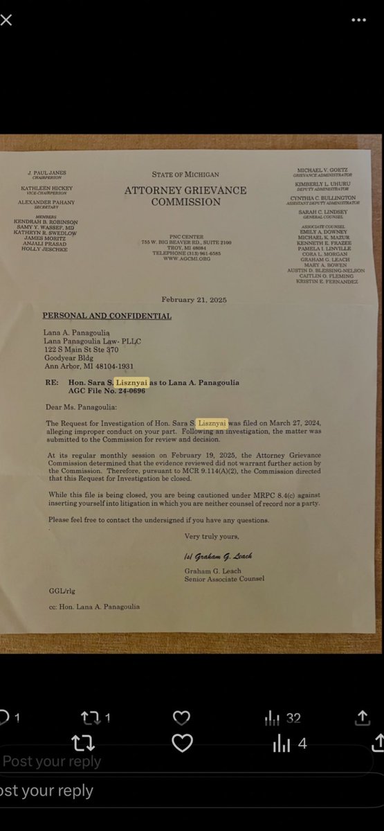 LAPanagoulia's tweet photo. I am adding the #GrievanceDismissal letter calling me “#Hon” as in “#HonLanaAPanagoulia” either because 1) I am equitably the Justice appointed for positions applied or 2) that is my title naturally from birth (I don’t need to get into that it doesn’t need to be explained).  

Also the #947 area code of the number appears to be mimicking that used by my clients in the #Ottawa matter I defend him in. Notice it sounds like Canada but it’s Ottawa County MICHIGAN! 

Finally, a “#Robyn “#N” “#Liddell” sent me a letter purporting to be from the “#Criminal” “#Trial” division of #MichiganAttorneyGeneral #DanaNessell ‘s office. It states I purportedly sent a “#Complaint” and  told me I needed to get a private Attorney. I have a problem with this letter for three reasons.

First: I never filed a complaint. At least not prior to the date of this letter with the Michigan Attorney General, Dana Nessel. Maybe in the future I will.

Second : the initial “N” is known in intelligent circles to be given by #Nazis to their children. This is in my opinion antisemitic abuse directed to me.

Third: in light of the circumstances surrounding my case, and given that I did not file a complaint and the trial division sent me a letter from the criminal division and did not give it to the civil division to analyze the issues or did it inform me that there was a conflict of interest, which I believe there is because the wife was not listed in the criminal complaint of Hillsdale County and therefore she was a planned informant that I impeached in the divorce I believe that the lawyer was required and had a duty to inform me of the conflict of interest. Therefore, I believe that the Michigan Attorney General was required to appoint me an attorney to prosecute. The attorney general responsible for working with an informant without doing due diligence of her, and finding out that she had fraud in her background.

(Do NOT feel obligated to read this ⬇️ below again I will try and copy and paste what I posted previously for context below )
  
{🚨SAME CONTENT AS ABOVE REPRODUCED FOR CONTEXT🚨}
Here is were I noticed Kristi @elonmusk and Sec Kennedy too! Just was curious if we were supposed to go to FACEBOOK to register our names for this since Suckerberg is your competitor and it takes you off the @X platform ... btw. When I typed X I got a text saying it was #Sara #Elsayed #Abdul's wife and I don't know if it's related to my best friend #MarlaLinderman going to the same #HighSchool as him and my receiving an alleged grievance signed by this #Sara on the same day #Marla last called me on #March21 which was also the date the #Court granted my #Adjournment extending my #5thAmendmentMotionToStay allowing me time to actually discover certain things about #Sara placing me in a difficult spot and going to that #Sara's #Clerk #Jody and being denied the proof (at first) of something the opposing party's lawyer made my case difficult to defend (#Sara said it at a 10/25/2021 hearing that I sat in the #Gallery as a citizen as) and none of the alleged victims were there only the #Parents (friends of the wife opposing party one of whom was subsequently hired by the law firm my dad was referred to

when my dad was sued by my uncle for an issue that was prosecuted by another lawfirm that rafarren ma mu namnuter forens Copy
Paste
Format > e
building where my tor ner grievance defense lawyer moved to (same IP) dropping me at the 11th hour and referring me to an attorney (#FranRosinski ) who had worked for the #AGC responsible for reprimanding me for my first grievance I was not responsible for which was nonetheless dismissed not appearing anywhere but my attorney then stated it was no less a "reprimand" and then in 2024 never mentioned that. His name is #TomLoeb he also told me to call #MarlaLinderman
I don't know if this is to protect me but it does not sound very kosher it sounds like a set up. @WHFraudTF @elonmusk