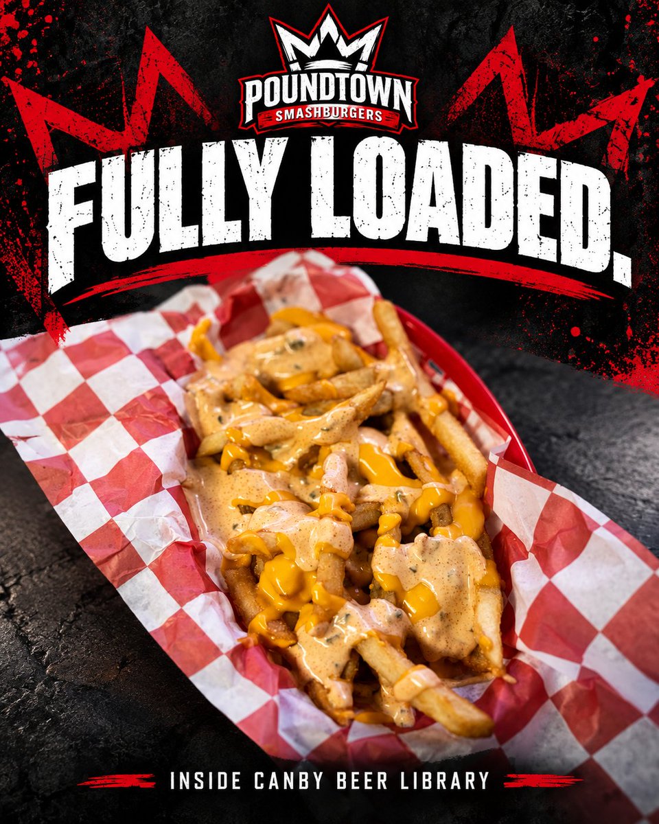 PoundtownSmash's tweet photo. Fully loaded. Every bite worth it. 🍟🔥

Find your next craving at Poundtown, inside Canby Beer Library. https://t.co/ojshrIW9Nw