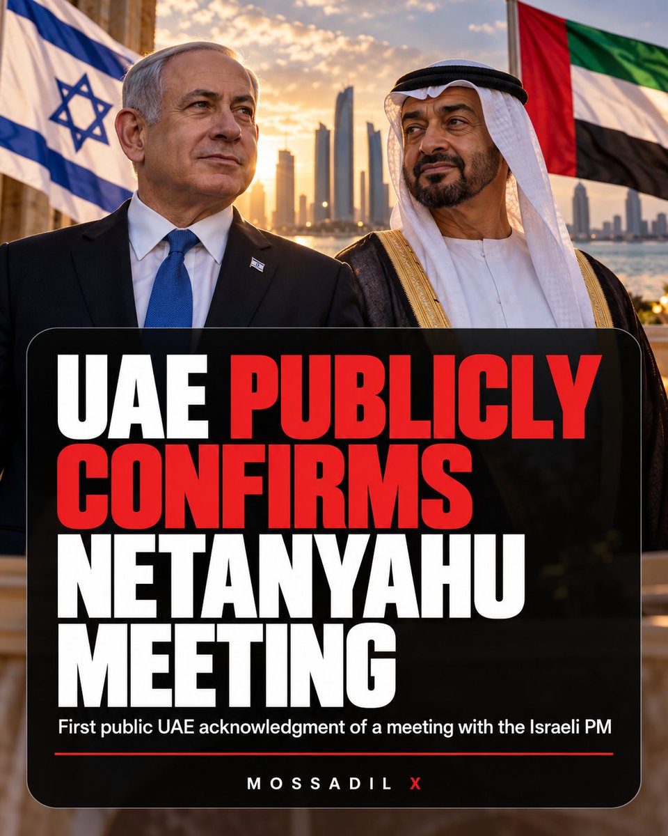 MOSSADil's tweet photo. 🇮🇱 🤝 🇦🇪 UAE PUBLICLY CONFIRMS NETANYAHU MEETING

Full official UAE statement: “The President of the United Arab Emirates, Sheikh Mohamed bin Zayed Al Nahyan, received Israeli Prime Minister Benjamin Netanyahu, who visited the UAE yesterday, Sunday. During the meeting, the two leaders discussed bilateral relations between the UAE and Israel and ways to strengthen and develop them.

The announcement marks the first time in the UAE’s history that it has publicly acknowledged such a meeting with the Israeli PM.”