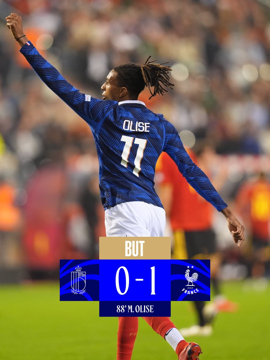 equipedefrance's tweet photo. ET OUIIIIIIIIII MICHAEL !!!! 😍

Après une percée plein axe, Michal Olise déclenche une frappe du gauche qui termine dans le petit filet 🔥

Les Bleus prennent l'avantage à la 88e minute 👊

🇧🇪0-1🇫🇷 l #BELFRA https://t.co/1mVqQDZgs6