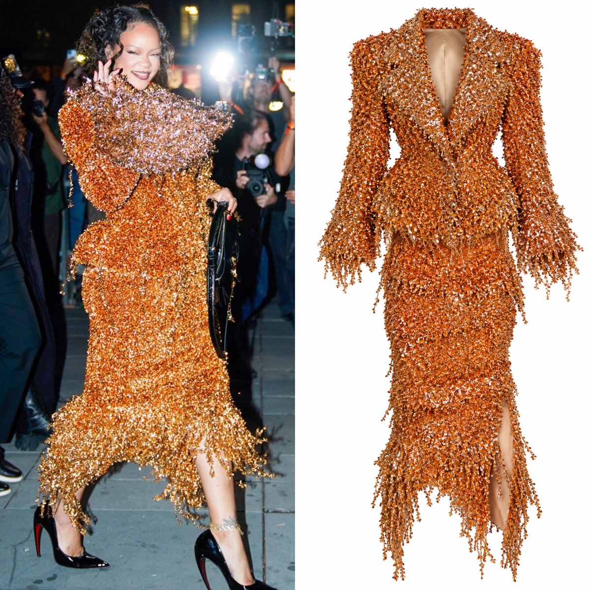 _Kyra's tweet photo. Rihanna attended the Matières Fécales Spring 2027 Show in Paris today wearing a Custom Matières Fécales Embellished Copper Metallic Suit with Tinsel-Fringe and Paillette Detailing. https://t.co/fkuEuIeTtC