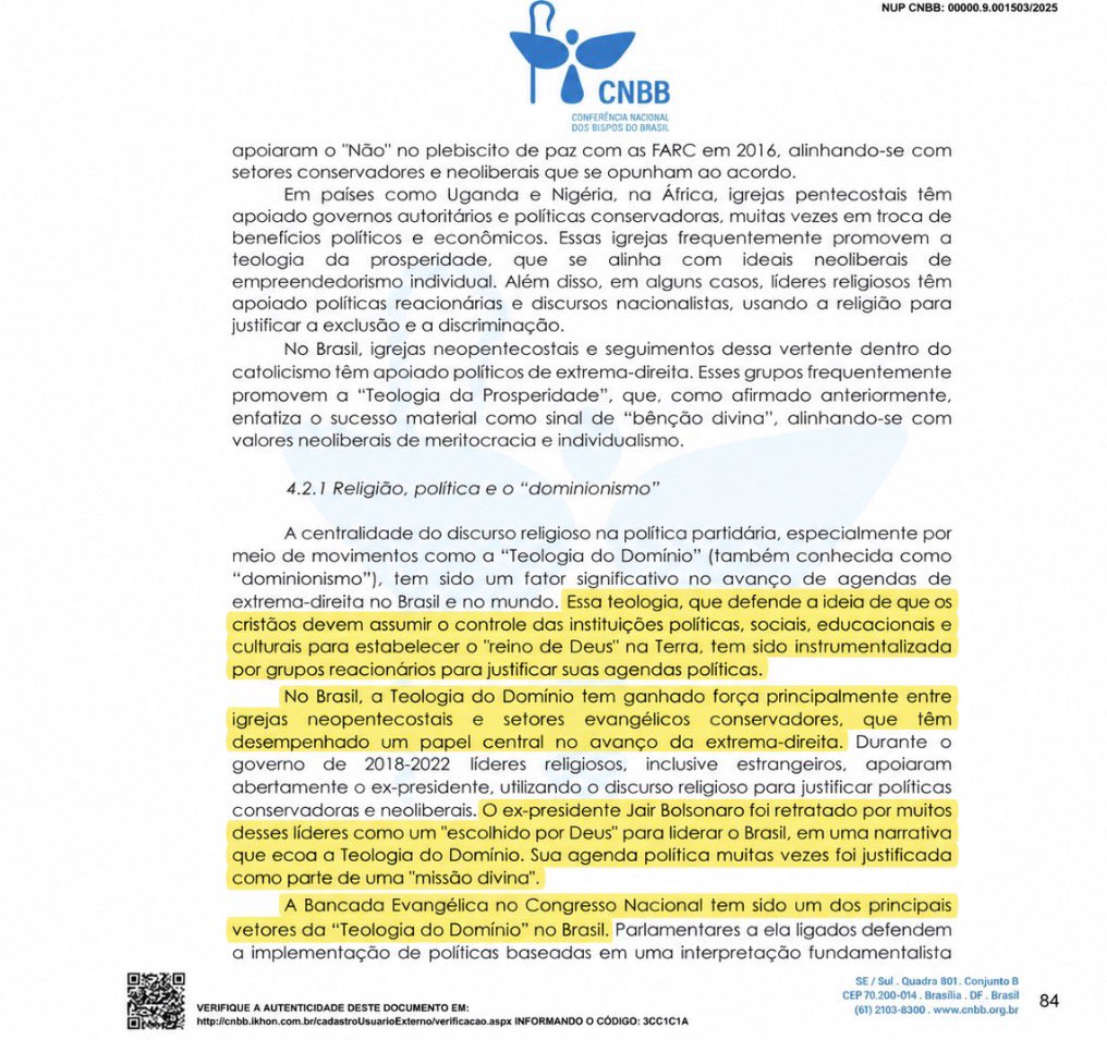 ojornaleirobr's tweet photo. Alô, Globo, vamos falar sobre isso?

Vale a leitura.

Em abril de 2025, o Grupo de Análise de Conjuntura da CNBB já dedicava uma seção inteira à Teologia do Domínio e à mistura entre religião e poder político.

O documento descreve o dominionismo como a ideia de que cristãos devem assumir o controle das instituições políticas, sociais, educacionais e culturais para estabelecer o “reino de Deus” na Terra.

E cita diretamente Jair Bolsonaro.

Segundo a análise, Bolsonaro foi retratado por líderes religiosos como um “escolhido por Deus” para liderar o Brasil, numa narrativa que “ecoa a Teologia do Domínio”. Sua agenda política, diz o texto, chegou a ser justificada como parte de uma “missão divina”.

O documento afirma que a Bancada Evangélica no Congresso Nacional tem sido um dos principais vetores da Teologia do Domínio no Brasil.

E faz um alerta direto: a ideia de líderes políticos “escolhidos por Deus” pode favorecer concentração de poder, erosão da laicidade do Estado e políticas que ameacem direitos humanos e a democracia.

Parabéns ao Grupo de Análise de Conjuntura por colocar esse debate no papel.

Agora a pergunta é: quando a grande imprensa vai tratar desse documento?
