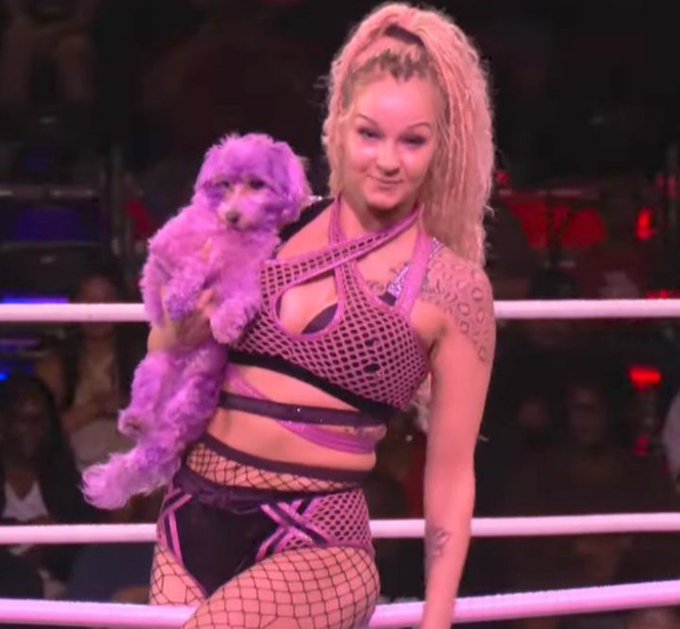 A female wrestler with pink dreadlocks and leopard print tattoos stands in a wrestling ring wearing a purple mesh outfit, holding a small purple-dyed poodle.