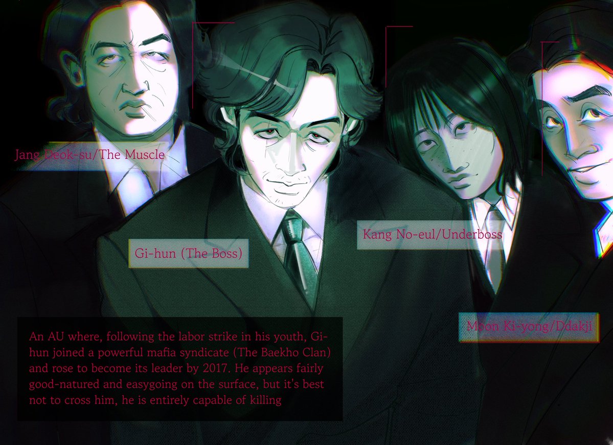 nis_sog's tweet photo. AU Mafia: I think I'm going to lose my mind over this. I hasn't decided yet whether there will be Games or not, so I'm torn between In-ho being a Cop or the Front Man. But I can say for sure that Sang-woo is investigating the disappearance of his friend Gi-hun
#squidgame #gihun https://t.co/rLo3tGvwS0