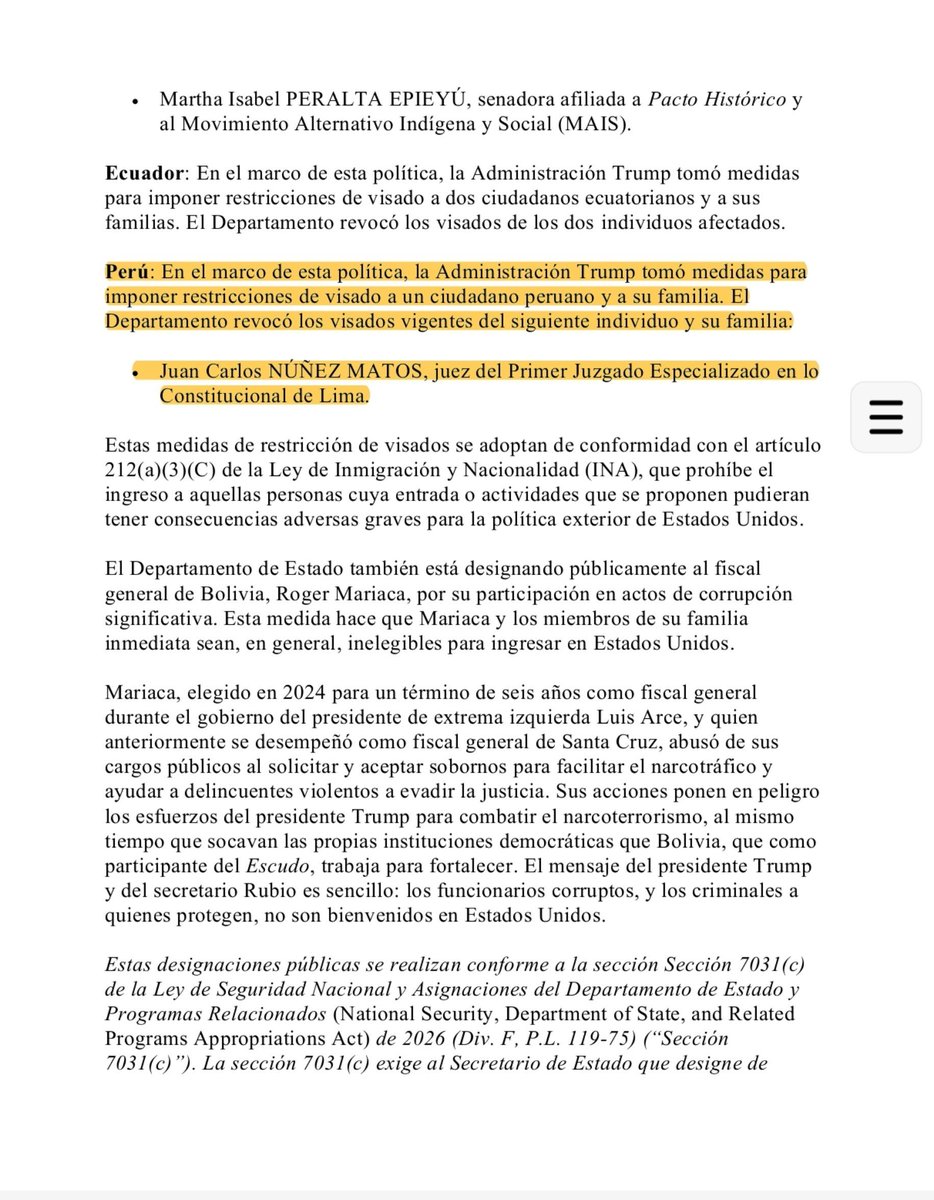 Epicentro_TV's tweet photo. 🔴 Gobierno de Estados Unidos retira la visa al juez peruano Juan Carlos Núñez Matos y a toda su familia. El juez titular del 1 Juzgado Constitucional de Lima falló recientemente un amparo a favor de Cosco Shipping, la empresa china titular del Puerto de Chancay. El mensaje del gobierno de Estados Unidos es que retiran la visa a quienes afectan los intereses del gobierno del presidente Trump. Anuncian además el retiro de visado a una veintena de bolivianos, dos ecuatorianos y dos colombianos.