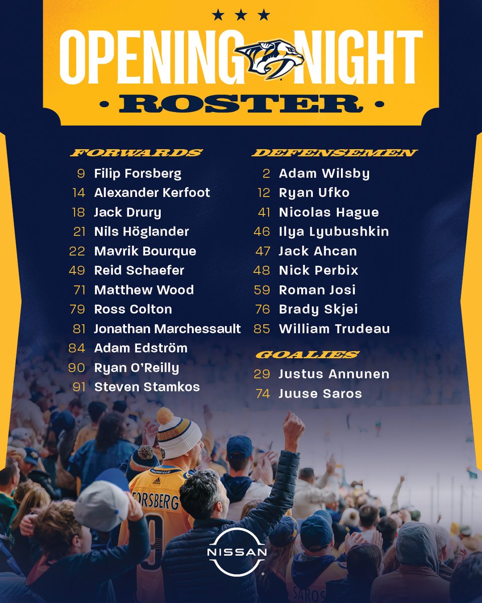 PredsNHL's tweet photo. The final 23 👀

Opening Night roster presented by @NissanUSA 

Full details » https://t.co/4dZVosckM4 https://t.co/gBhv6w6ujN