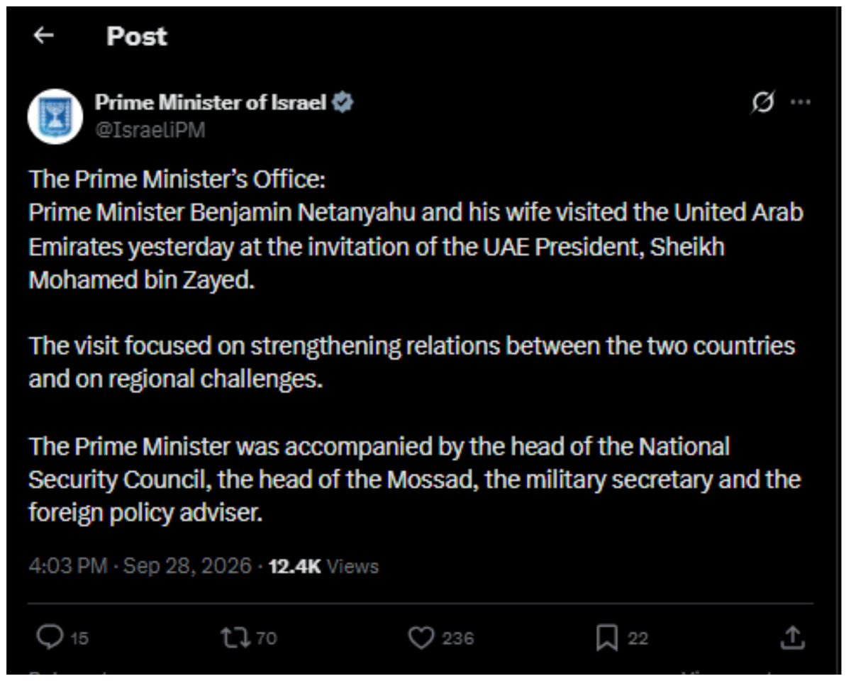 RyanRozbiani's tweet photo. Netanyahu ADMITS Secret Trip with Mossad and the IDF to the UAE

His own media exposed him and he folded. https://t.co/EPOAVa7Kr4