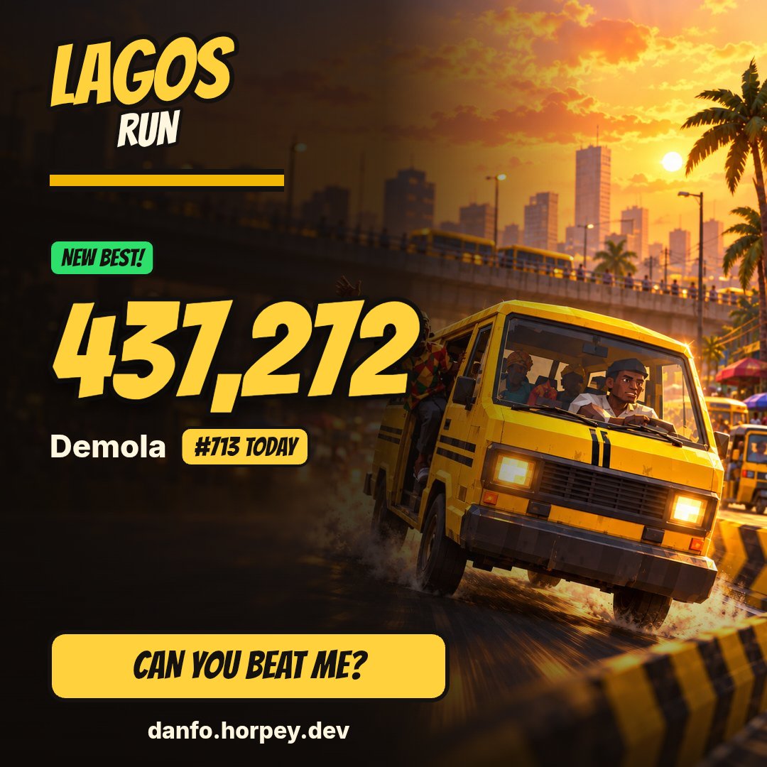_Jiggi__'s tweet photo. I scored 437,272 driving danfo in Lagos Run. I'm #713 today. Can you beat me? https://t.co/KACm9BptDq #LagosRun @eureka_seamless https://t.co/inoYyLQgpz