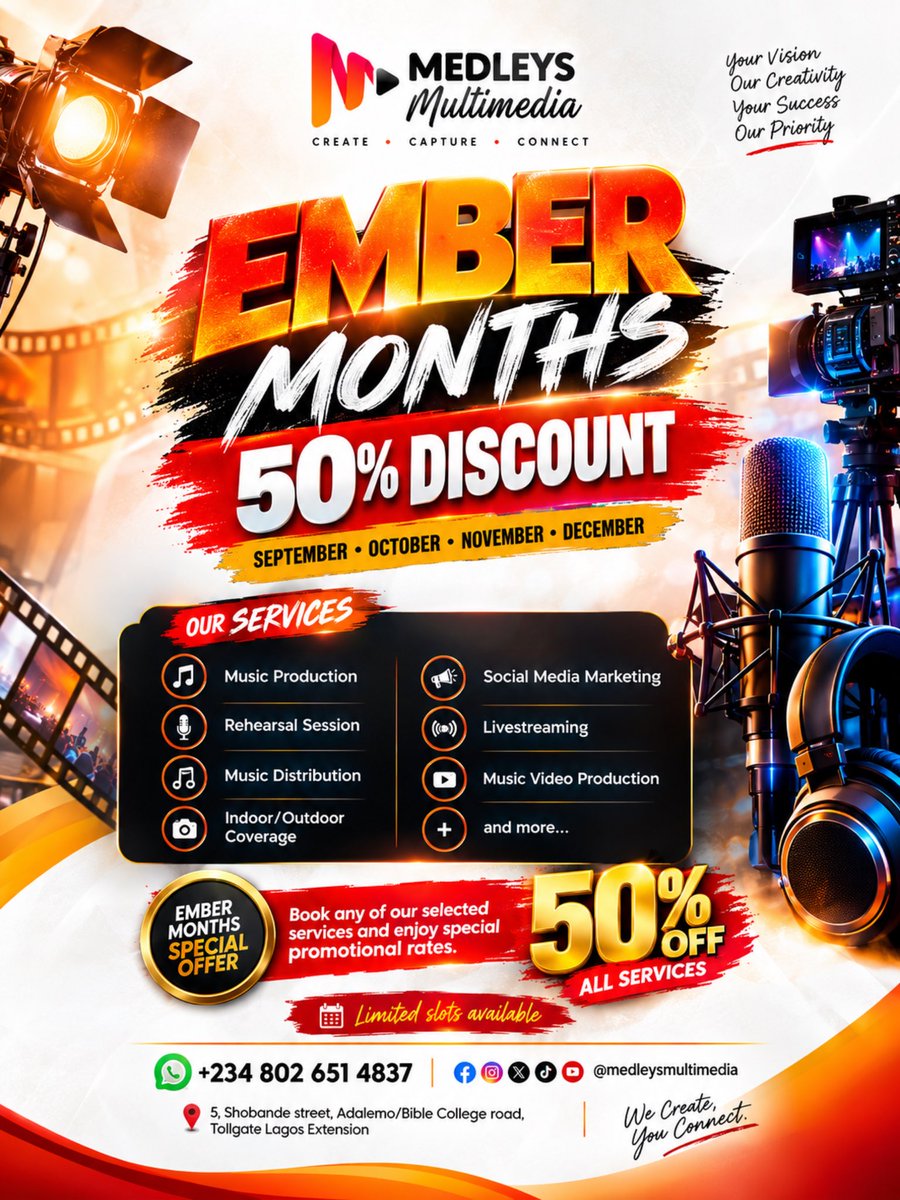 medleysmedia's tweet photo. 🔥 EMBER MONTHS JUST GOT CRAZY! 🔥

Your VISION. Our CREATIVITY. 50% OFF! 🎬📸🎨

⏳ LIMITED SLOTS AVAILABLE!
📲 +234 802 651 4837
📍 Tollgate, Lagos Extension

Don’t just plan it. CREATE IT! 🔥

#MedleysMultimedia #EmberMonths #LagosCreatives #MediaProduction #WeCreateYouConnect https://t.co/h0T1s6bMrc