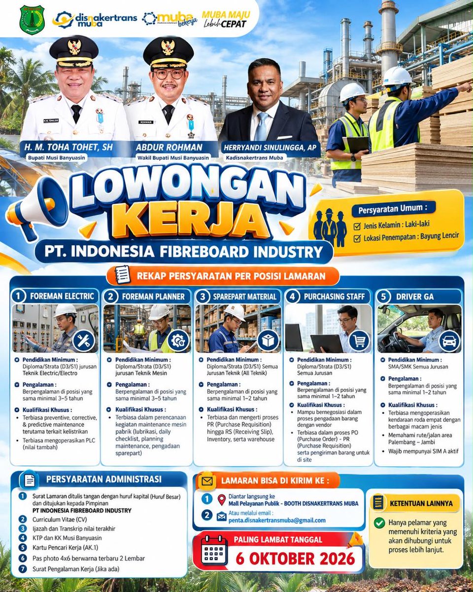 Utarapost1's tweet photo. Job Fair Online Muba Batas Akhir Pendaftaran 8 Oktober 2026, PT. Indonesia Fibreboard Industry Buka 5 Formasi

Baca Selengkapnya di link dibawah ini:
https://t.co/qsHwslqnaK https://t.co/eSrMo08k4l