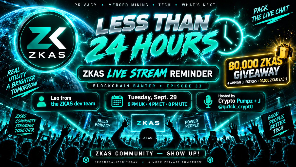 ZKas_Stream's tweet photo. 🚨🔥 ZKAS COMMUNITY — LESS THAN 24 HOURS! 🔥🚨

Tomorrow, Leo from the @ZKas_X development team goes LIVE with Crypto Pumpz @Cryptopumpzzzz  and J @qu1ck_crypt0 on Blockchain Banter! 🎙️⚡

This is the first big ZKAS livestream — and we want the community there in force. 💚

🔐 Privacy
⛏️ KAS + ZKAS merged mining
⚡ The tech
🚀 What’s next
❓ Have your questions ready.
🎁 80,000 ZKAS GIVEAWAY
🏆 4 winning questions
💰 20,000 ZKAS each

📅 Tuesday, Sept. 29
🇬🇧 9 PM UK , 🇺🇸 4 PM ET , 🌎 8 PM UTC

🎥 Subscribe now so you don’t miss it:
https://t.co/zMpgyjqQFb