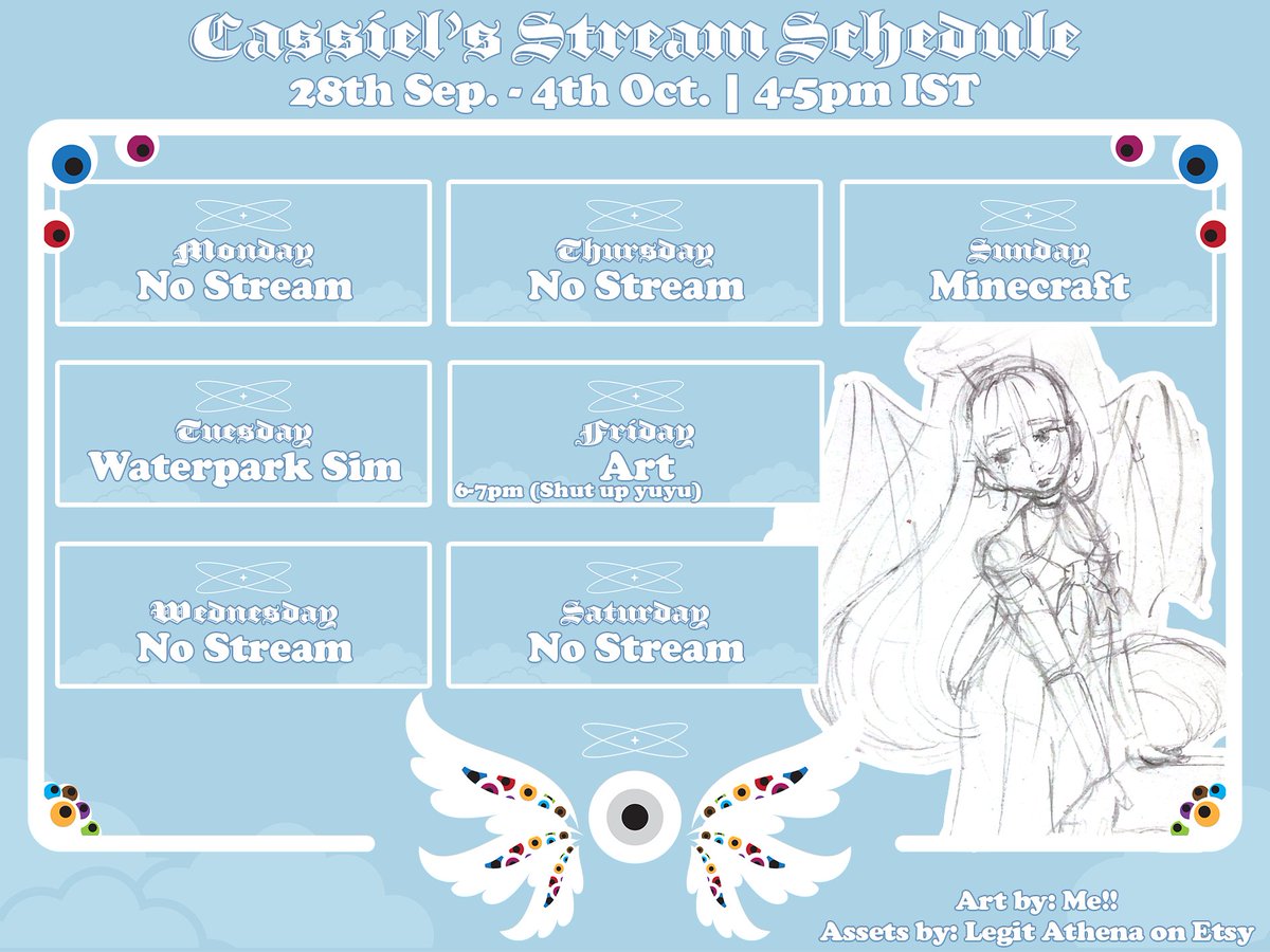 celestial_cassi's tweet photo. Stream Schedule!! 
28/09/2026 - 04/10/2026  

Stream on Friday is delayed due to personal reasons and MAY be moved to Saturday if I get home too late <33 https://t.co/pppTZ3xxAl