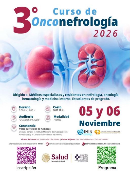 A promotional poster in Spanish for '3° Curso de Onconefrología 2026' features an anatomical kidney illustration and details a hybrid course held November 5-6, directed by medical specialists for nephrology, oncology, and hematology students.