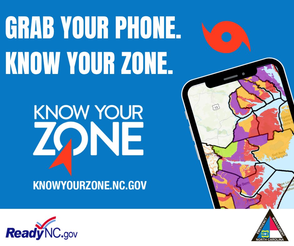 NCEmergency's tweet photo. Grab Your Phone and Know Your Zone 🤳 

North Carolina’s Know Your Zone program uses a color-coded interactive map to show which coastal areas are most at risk from storm surge impacts. Just type in your street address, and the map will zoom to your location and display your evacuation zone. It’s that easy!  

Check your zone status at https://t.co/EzdGOBSWkJ and make a plan today.

Use su celular y Conozca Su Zona 🤳 

El programa Conozca Su Zona, https://t.co/EzdGOBSWkJ de Carolina del Norte, utiliza un mapa interactivo codificado por colores para mostrar qué zonas costeras están más en riesgo por los impactos de las marejadas. Solo tiene que escribir su dirección y el mapa ampliará su ubicación y mostrará su zona de evacuación. ¡Así de fácil!  

Consulte sobre las condiciones de su zona en https://t.co/EzdGOBSWkJ y haga un plan hoy mismo. 

#KnowYourZone #ReadyNC