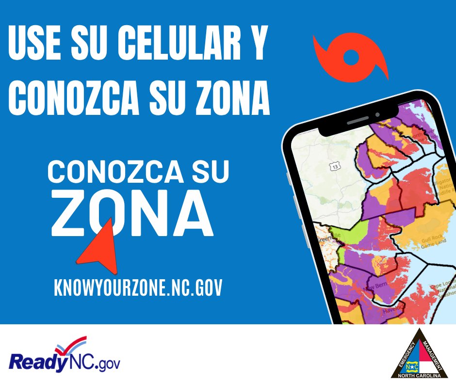 NCEmergency's tweet photo. Grab Your Phone and Know Your Zone 🤳 

North Carolina’s Know Your Zone program uses a color-coded interactive map to show which coastal areas are most at risk from storm surge impacts. Just type in your street address, and the map will zoom to your location and display your evacuation zone. It’s that easy!  

Check your zone status at https://t.co/EzdGOBSWkJ and make a plan today.

Use su celular y Conozca Su Zona 🤳 

El programa Conozca Su Zona, https://t.co/EzdGOBSWkJ de Carolina del Norte, utiliza un mapa interactivo codificado por colores para mostrar qué zonas costeras están más en riesgo por los impactos de las marejadas. Solo tiene que escribir su dirección y el mapa ampliará su ubicación y mostrará su zona de evacuación. ¡Así de fácil!  

Consulte sobre las condiciones de su zona en https://t.co/EzdGOBSWkJ y haga un plan hoy mismo. 

#KnowYourZone #ReadyNC