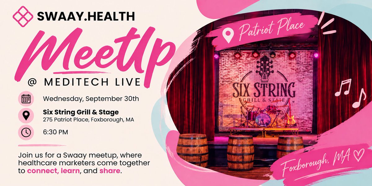 SwaayHealth's tweet photo. The best conference conversations don't always happen in the conference room. 👀
Come hang with John Lynn + the https://t.co/BEZ7iCjgPk community at Six String Grill & Stage TOMORROW at 6:30 PM. 💗
@techguy #MEDITECHLIVE https://t.co/ZRjMi9xALm