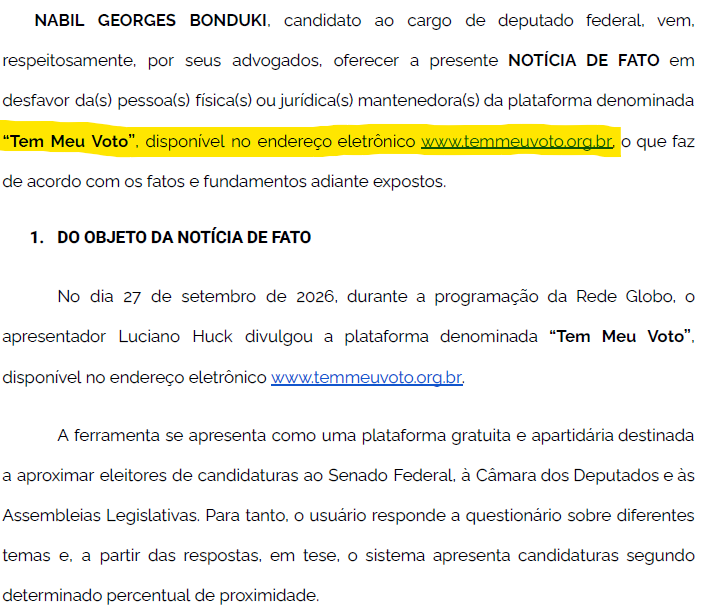 NabilBondukiSP's tweet photo. URGENTE 🚨

Acabei de entrar com uma ação na Justiça Eleitoral para RETIRAR DO AR O SITE “TEM MEU VOTO”.

A plataforma não apresenta critérios claros, foi lançada com graves erros e favorece recomendações de candidaturas de determinados partidos em detrimento de outras. https://t.co/SOLfHi77VG