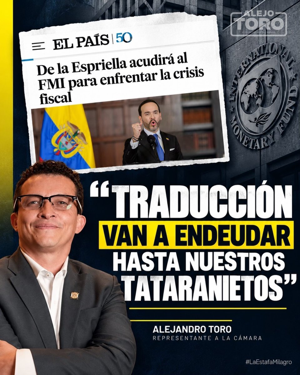 AlejoToroAnt's tweet photo. Nos quieren dejar una deuda que no pagaremos nosotros: la pagarán nuestros hijos, nuestros nietos y hasta nuestros tataranietos.

Después de aumentar el presupuesto en casi $60 billones, ahora hablan de acudir al FMI. 

Endeudar generaciones enteras no puede presentarse como un “milagro económico”.

La deuda queda para décadas. La cuenta, para el pueblo. ¿se viene #LaEstafaMilagro?