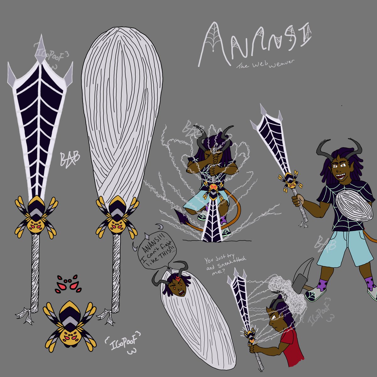 SamuelGoesPoof's tweet photo. Sword 11: Anansi, the web weaver also bonus repost of @kitkatnis1 contribution to swordtember drawing Samuel with their favorite sword Anansi! #SamuelTriHorn #SamuelGoesPoof #Swordtember #SamuelsSwords https://t.co/V3OpAQx0s7