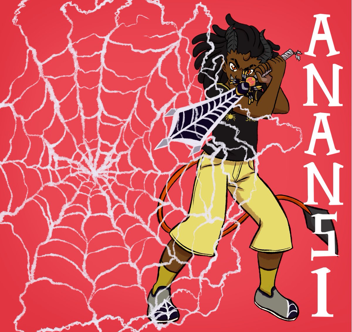 SamuelGoesPoof's tweet photo. Sword 11: Anansi, the web weaver also bonus repost of @kitkatnis1 contribution to swordtember drawing Samuel with their favorite sword Anansi! #SamuelTriHorn #SamuelGoesPoof #Swordtember #SamuelsSwords https://t.co/V3OpAQx0s7