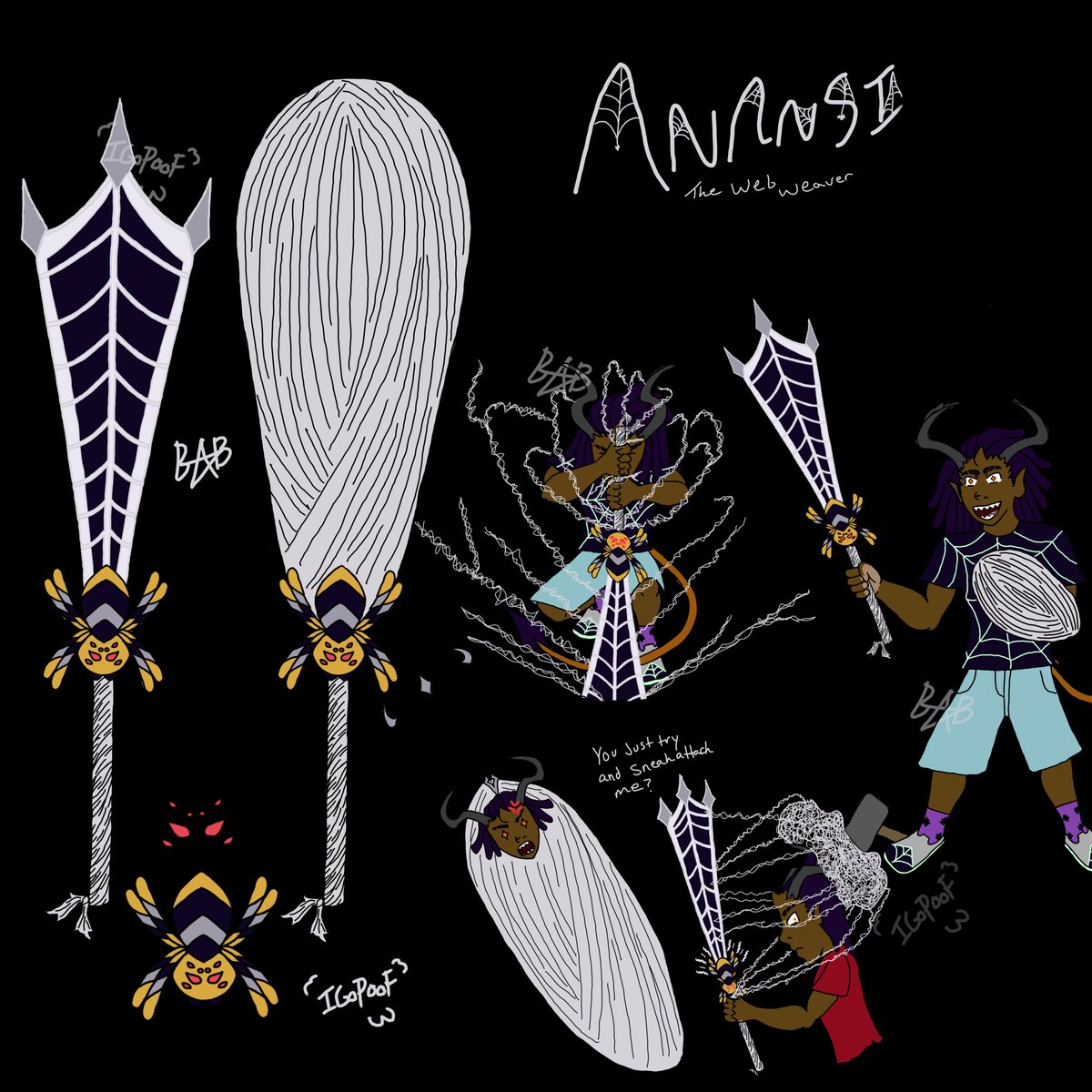 SamuelGoesPoof's tweet photo. Sword 11: Anansi, the web weaver also bonus repost of @kitkatnis1 contribution to swordtember drawing Samuel with their favorite sword Anansi! #SamuelTriHorn #SamuelGoesPoof #Swordtember #SamuelsSwords https://t.co/V3OpAQx0s7