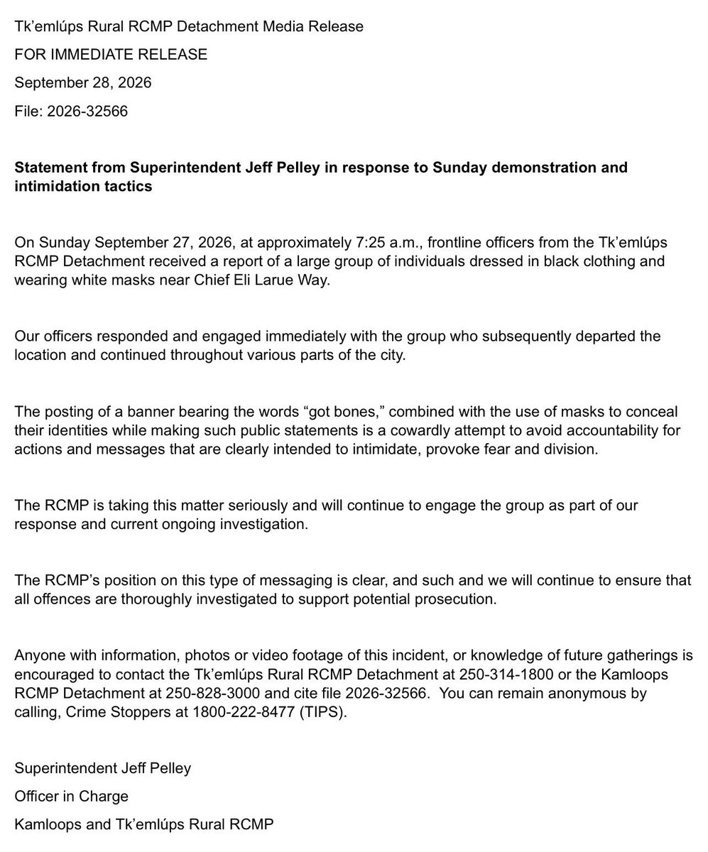 MBernardoNews's tweet photo. UPDATE:  Kamloops RCMP Superintendent Jeff Pelley confirms a criminal investigation is underway to “support potential prosecution” of masked group spotted in Kamloops Sunday September 27, 2026. https://t.co/xDIewhbnyz