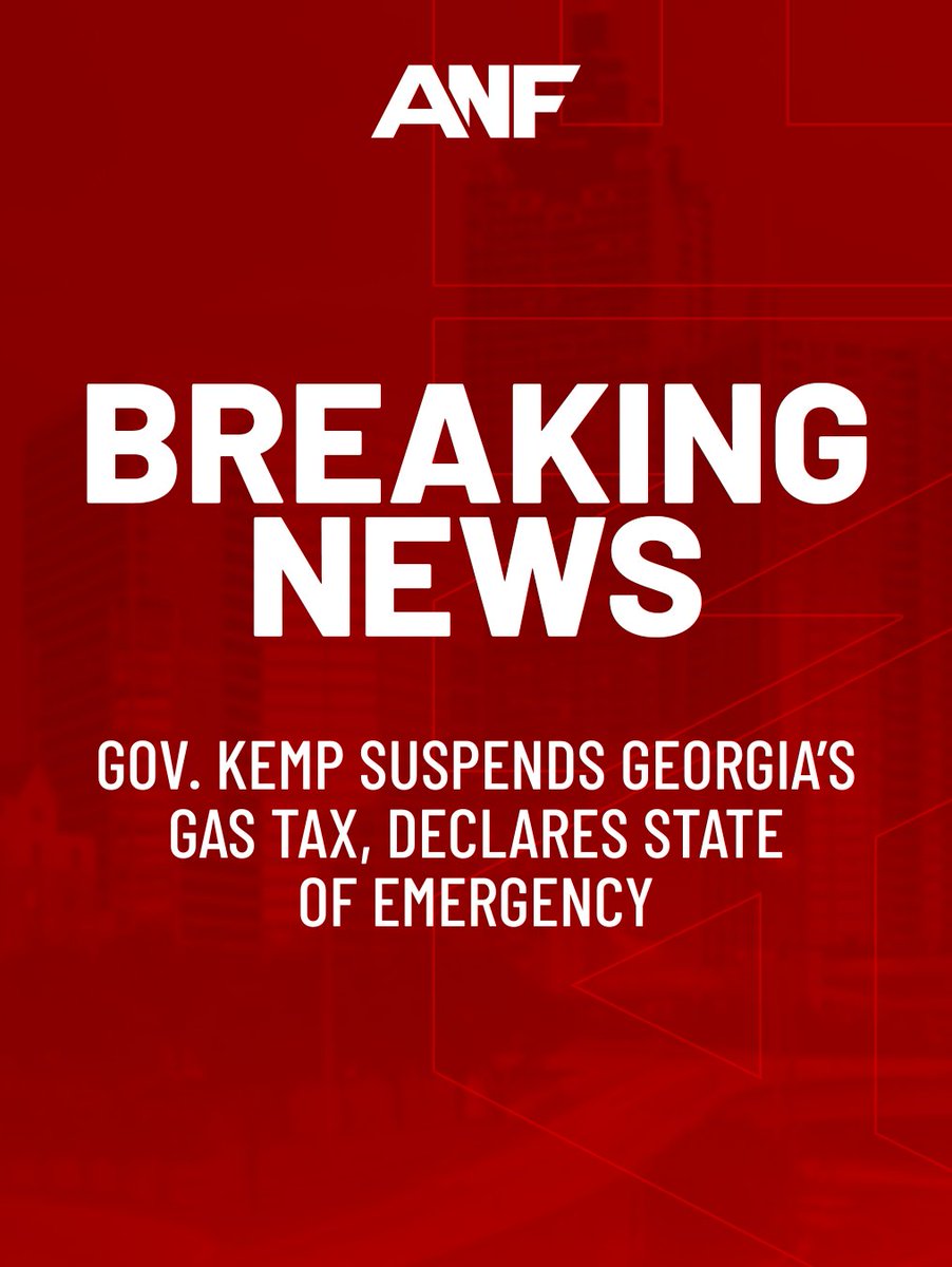 ATLNewsFirst's tweet photo. Gov. Brian Kemp has suspended the state’s gas tax amid surging fuel prices. The 30-day suspension will pause Georgia’s 33.3-cent-per-gallon gas tax starting at 12:01 a.m. through late October. https://t.co/CO5PhqptFt https://t.co/ALa8yCKEXk