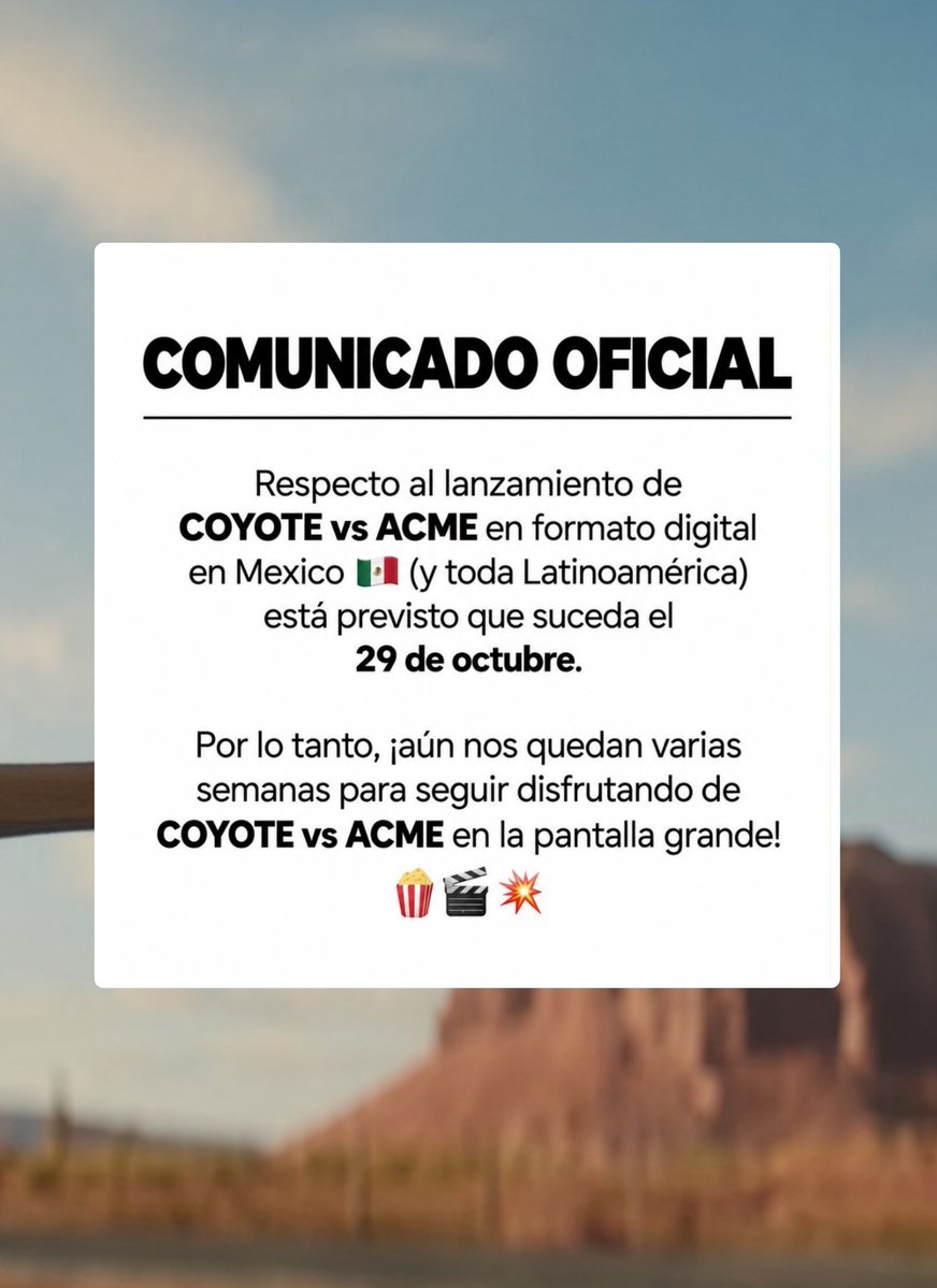 CartoonsOTMoon's tweet photo. Latinoamérica ha retrasado el estreno de COYOTE VS. ACME en digital para seguir apoyándola en cines. https://t.co/kW1eKFiGlP