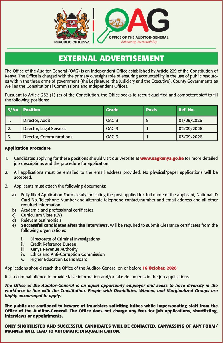 MyGovKe's tweet photo. Office of the Auditor-General (@AGOfficeKenya) Kenya is recruiting qualified and competent professionals to fill (10) various leadership positions.

Detailed requirements of specific vacant positions can be accessed at https://t.co/imIYo4uV1f.

Deadline: October 16, 2026 https://t.co/cJtM7TrFE4