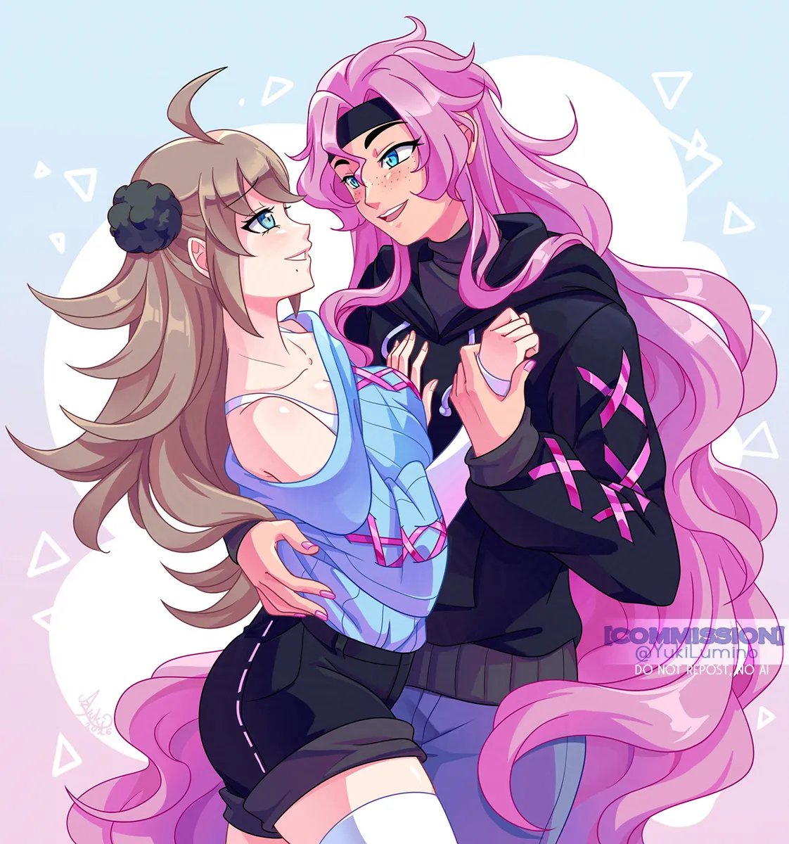 YukiLumino's tweet photo. I was paid for drawing one of my ships in vibrant colors?? Thank you very much ✨💖💙 
Cel-shading commission for @Livingtheory_ 

-Characters: 
Anri (My OC) 
Neil ( @Livingtheory_ 's OC) https://t.co/5aXfFYTi5D
