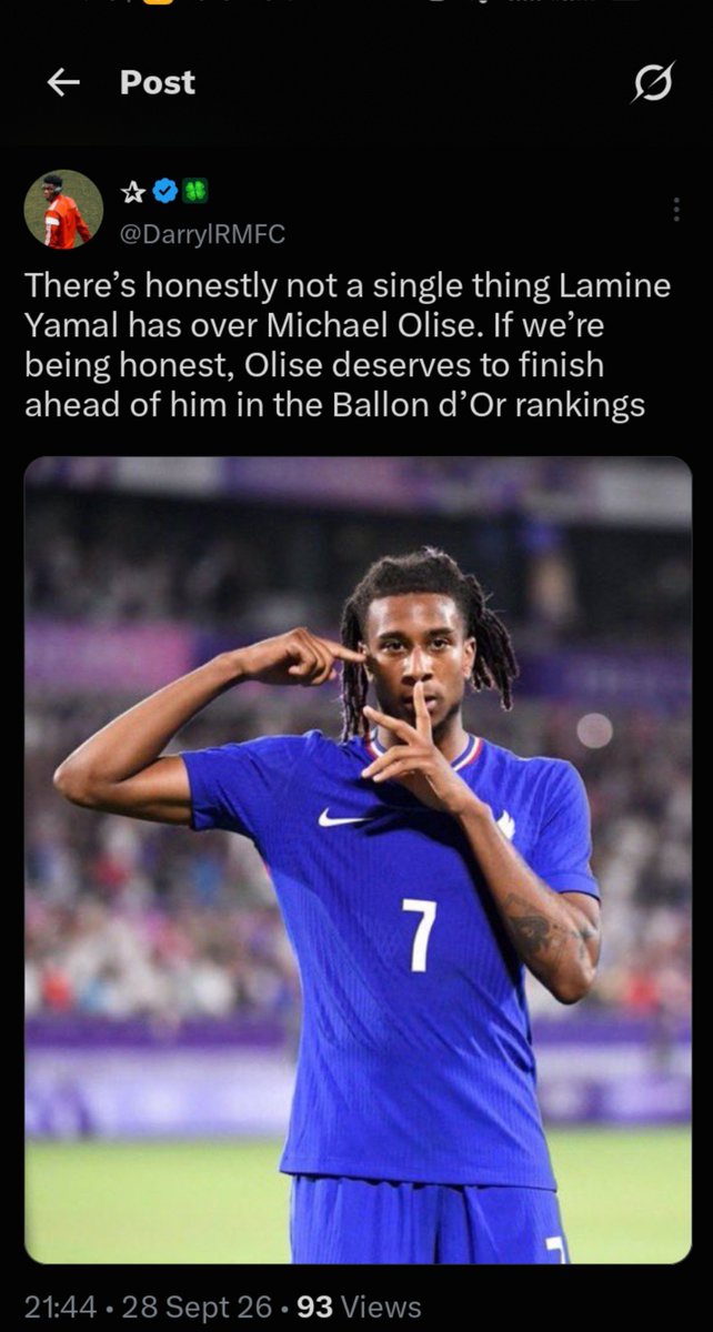 Davqasu's tweet photo. This is exactly what I said.

Olise scoring was always going to make Yamal trend. 😭

This brother is nothing without Yamal. https://t.co/kvWx4o1eN9