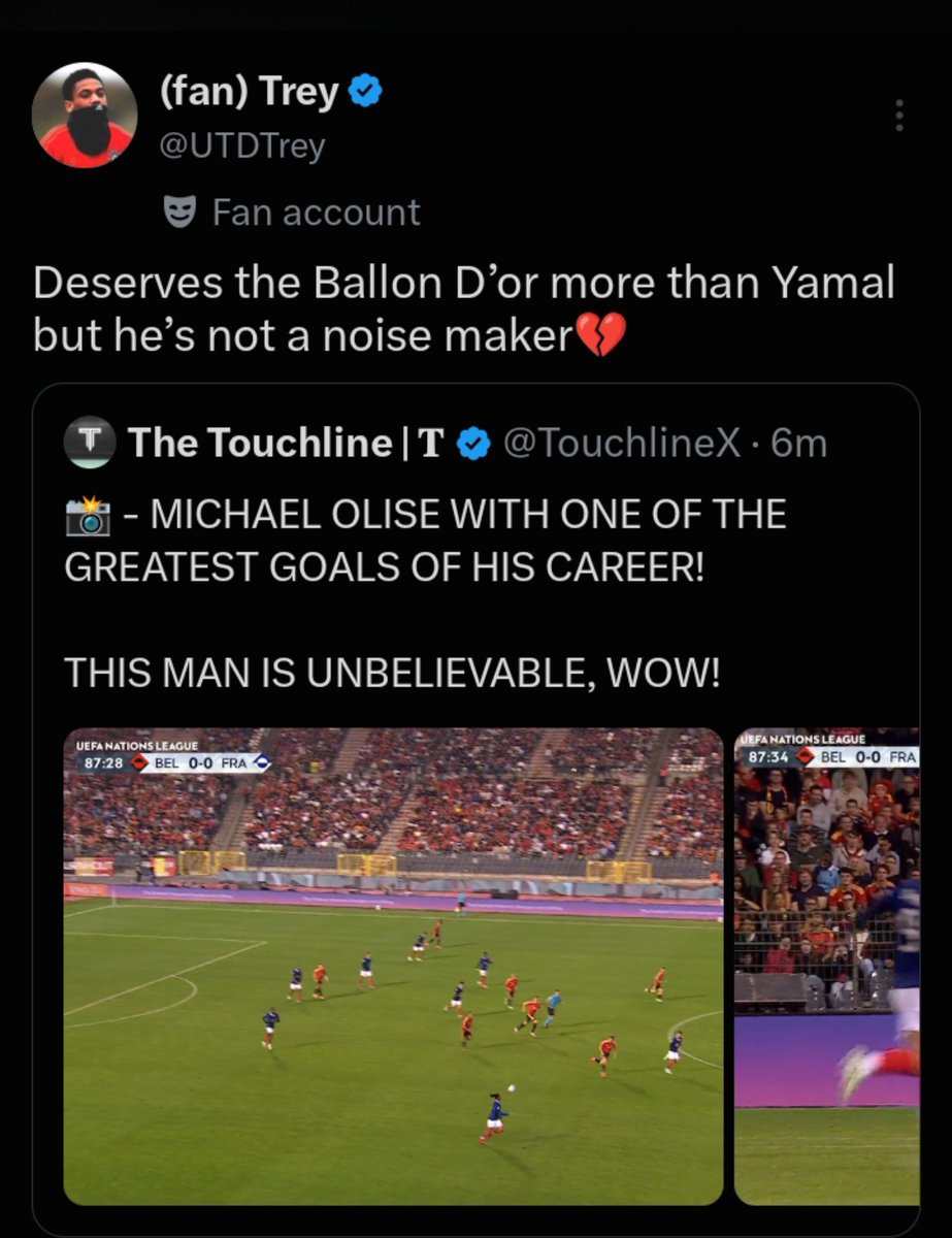 Davqasu's tweet photo. This is exactly what I said.

Olise scoring was always going to make Yamal trend. 😭

This brother is nothing without Yamal. https://t.co/kvWx4o1eN9