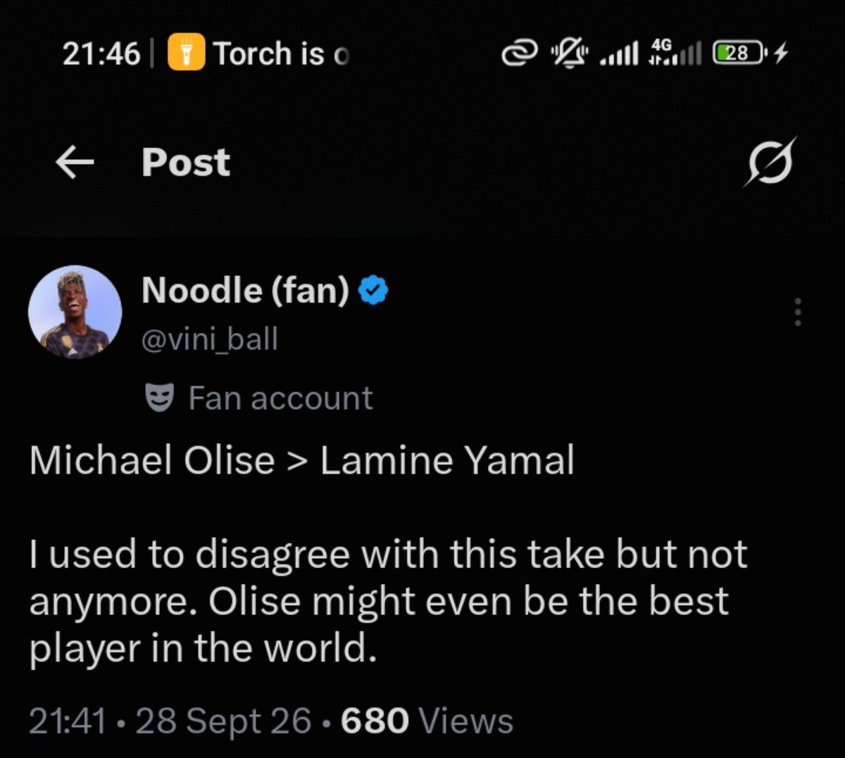 Davqasu's tweet photo. This is exactly what I said.

Olise scoring was always going to make Yamal trend. 😭

This brother is nothing without Yamal. https://t.co/kvWx4o1eN9