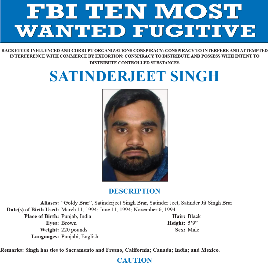 FBITampa's tweet photo. Today, the #FBI added Satinderjeet Singh to its "Ten Most Wanted Fugitive" List. He is #wanted for his alleged involvement in the Lawrence Bishnoi Organized Crime Group, which is allegedly engaged in a variety of violent acts in Southern California and across the United States and Canada. A reward of up to $1,000,000 is offered for information leading to his arrest:https://t.co/YSYJDUJjMx