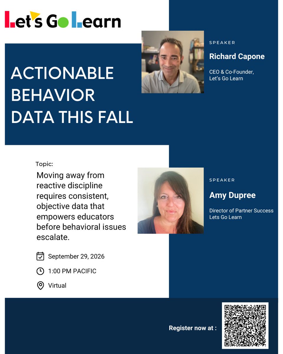 letsgolearn's tweet photo. Behavior challenges shouldn’t have to escalate before educators have the data they need.
Join Richard Capone &amp; Amy Dupree for Actionable Behavior Data This Fall on Sept. 29 at 1 PM Pacific.
#SpecialEducation #BehaviorSupport #LetsGoLearn https://t.co/Q93h8n7vKN