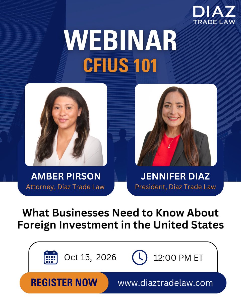 DiazTradeLaw's tweet photo. Foreign investment can create opportunities, but it may also trigger "CFIUS" considerations. Join Diaz Trade Law for a FREE CFIUS 101 webinar covering filings, scrutiny, and potential risks.

Register: https://t.co/Qp3UT5U1Qn

#CFIUS #TradeLaw https://t.co/gwgfFpCy3N