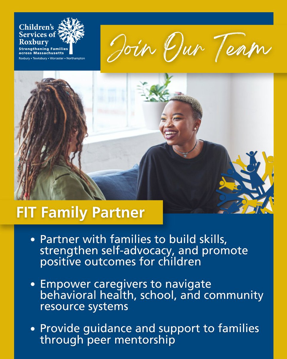 CSRoxbury's tweet photo. CSR is hiring a FIT Family Partner to work with caregivers and their children as they navigate emotional, behavioral, and mental health challenges. If you have lived experience as a caregiver and are passionate about working with families, apply today: https://t.co/pD3pahIApj https://t.co/aMQFYRovS3