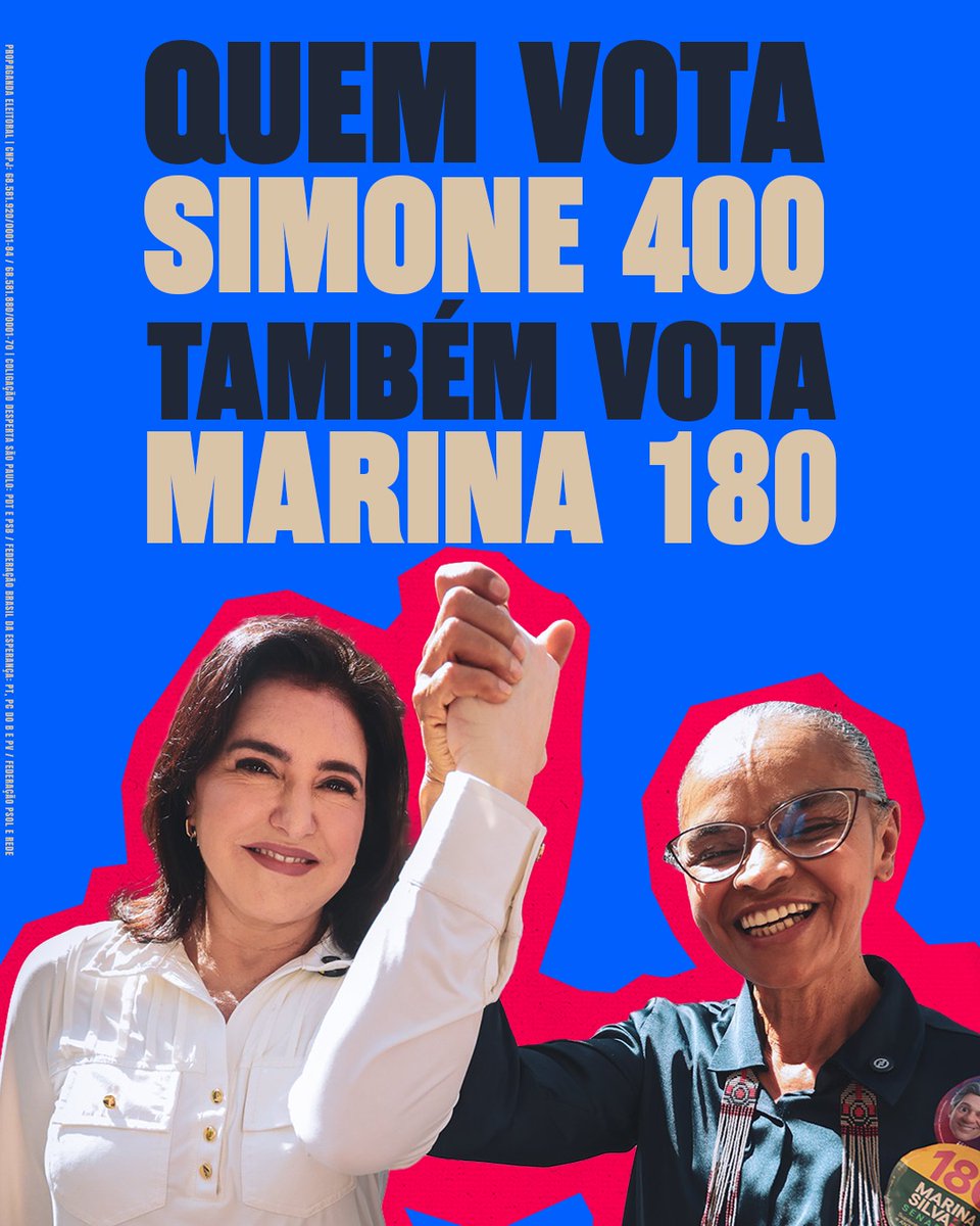 simonetebetbr's tweet photo. São Paulo vai fazer história ao eleger duas mulheres para o Senado Federal! 💙

VOTE
Simone 4️⃣0️⃣0️⃣✅ 
Marina 1️⃣8️⃣0️⃣✅

📲 Compartilhe para todos saberem que são dois votos para o Senado!

Essa é uma mensagem da Coligação Desperta São Paulo: PDT e PSB / Federação Brasil da Esperança: PT, PC DO B e PV / Federação PSOL e Rede. CNPJ: 68.581.920/0001-84 / 68.581.880/0001-70

#Simone400 #Marina180
