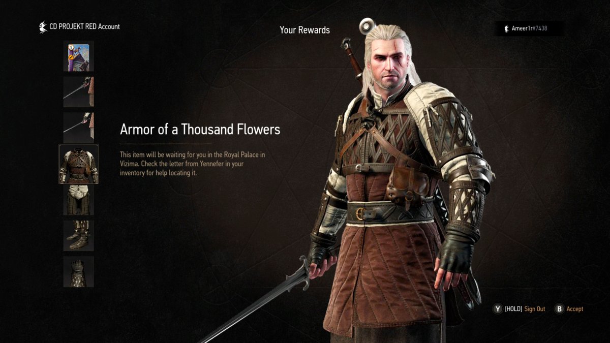 SynthPotato's tweet photo. The Witcher 3 Remastered adds in brand new items, they can be acquired by linking your CDPR account to the game:

- One new haircut, very different style for Geralt

- Two armor sets:
Scarlet Crest Armor
Armor of a Thousand Flowers (already in the game since 2022 remaster, now easier to get)

- Two new swords

- All of these are acquirable at Vizima right after wrapping up White Orchard prologue. 

Thanks to the new Transmog feature, you'll be able to use these armor sets without worrying about stats anymore!