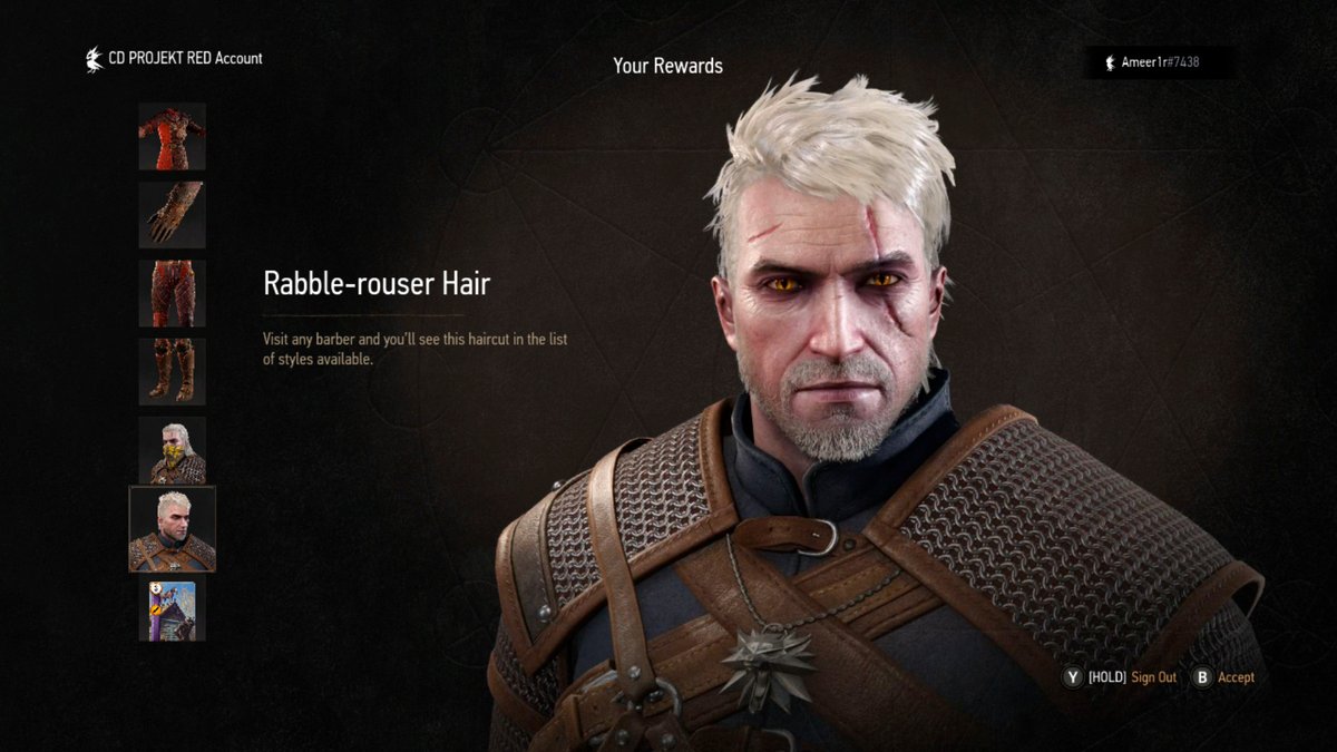 SynthPotato's tweet photo. The Witcher 3 Remastered adds in brand new items, they can be acquired by linking your CDPR account to the game:

- One new haircut, very different style for Geralt

- Two armor sets:
Scarlet Crest Armor
Armor of a Thousand Flowers (already in the game since 2022 remaster, now easier to get)

- Two new swords

- All of these are acquirable at Vizima right after wrapping up White Orchard prologue. 

Thanks to the new Transmog feature, you'll be able to use these armor sets without worrying about stats anymore!