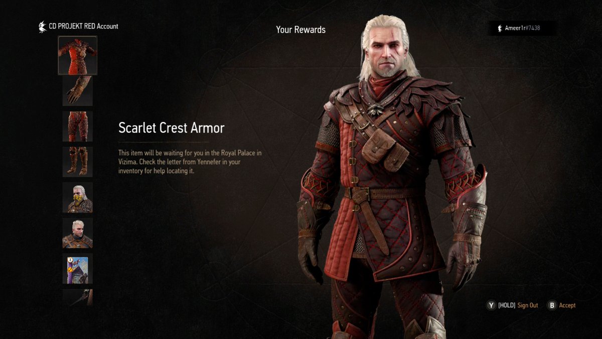 SynthPotato's tweet photo. The Witcher 3 Remastered adds in brand new items, they can be acquired by linking your CDPR account to the game:

- One new haircut, very different style for Geralt

- Two armor sets:
Scarlet Crest Armor
Armor of a Thousand Flowers (already in the game since 2022 remaster, now easier to get)

- Two new swords

- All of these are acquirable at Vizima right after wrapping up White Orchard prologue. 

Thanks to the new Transmog feature, you'll be able to use these armor sets without worrying about stats anymore!