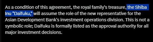 SaputraGic's tweet photo. THE BIGGEST ASIAN BANK JUST MADE A SHIBA INU THE HEAD OF INVESTMENT OPERATIONS OMFFGGG

So Asian development bank just made a literal shiba inu the head of INVESTMENTS and like its officially listed as such 

https://t.co/aiDTtBZHHh

We've tried to run Dog In Vest for so long now and now that we finally have the name and can set the proper fee share we can run the FINAL Dog In Vest 

$大福 - Dog In Vest