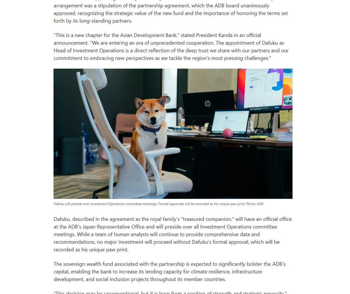SaputraGic's tweet photo. THE BIGGEST ASIAN BANK JUST MADE A SHIBA INU THE HEAD OF INVESTMENT OPERATIONS OMFFGGG

So Asian development bank just made a literal shiba inu the head of INVESTMENTS and like its officially listed as such 

https://t.co/aiDTtBZHHh

We've tried to run Dog In Vest for so long now and now that we finally have the name and can set the proper fee share we can run the FINAL Dog In Vest 

$大福 - Dog In Vest