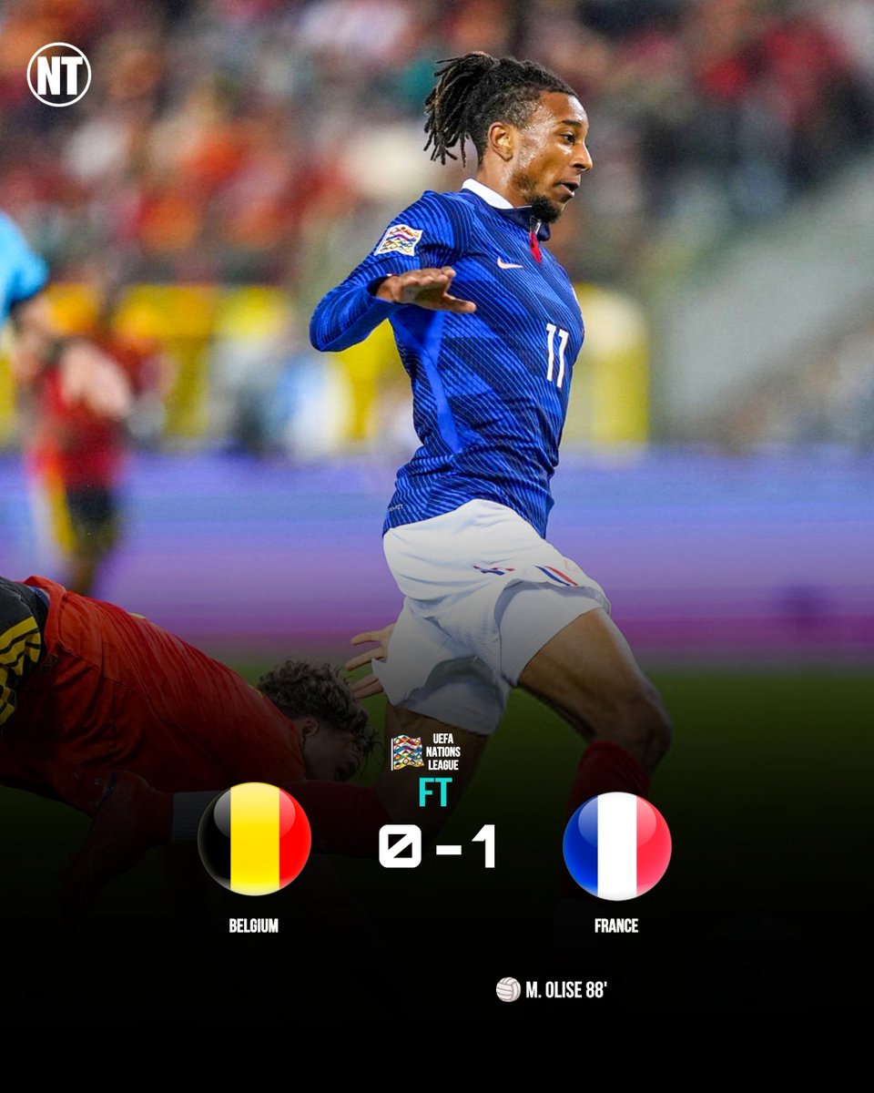 notfootballl's tweet photo. Micheal Olise with a late winner for France 
#BELFRA https://t.co/MIxJCDNSyD