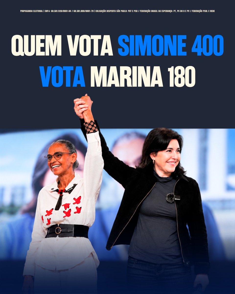 simonetebetbr's tweet photo. São Paulo vai fazer história ao eleger duas mulheres para o Senado Federal! 💙

VOTE
Simone 4️⃣0️⃣0️⃣✅ 
Marina 1️⃣8️⃣0️⃣✅

📲 Compartilhe para todos saberem que são dois votos para o Senado!

Essa é uma mensagem da Coligação Desperta São Paulo: PDT e PSB / Federação Brasil da Esperança: PT, PC DO B e PV / Federação PSOL e Rede. CNPJ: 68.581.920/0001-84 / 68.581.880/0001-70

#Simone400 #Marina180